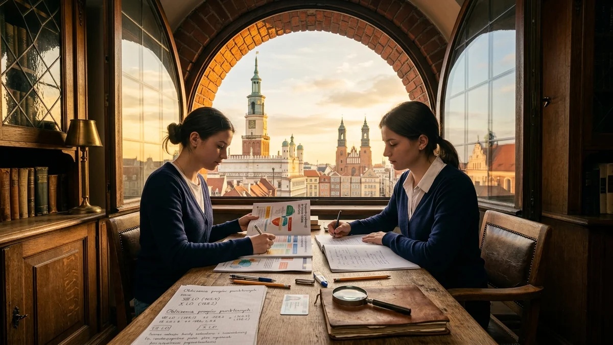 Uczennice analizujące progi punktowe do poznańskich liceów w bibliotece z widokiem na wieże ratusza w Poznaniu