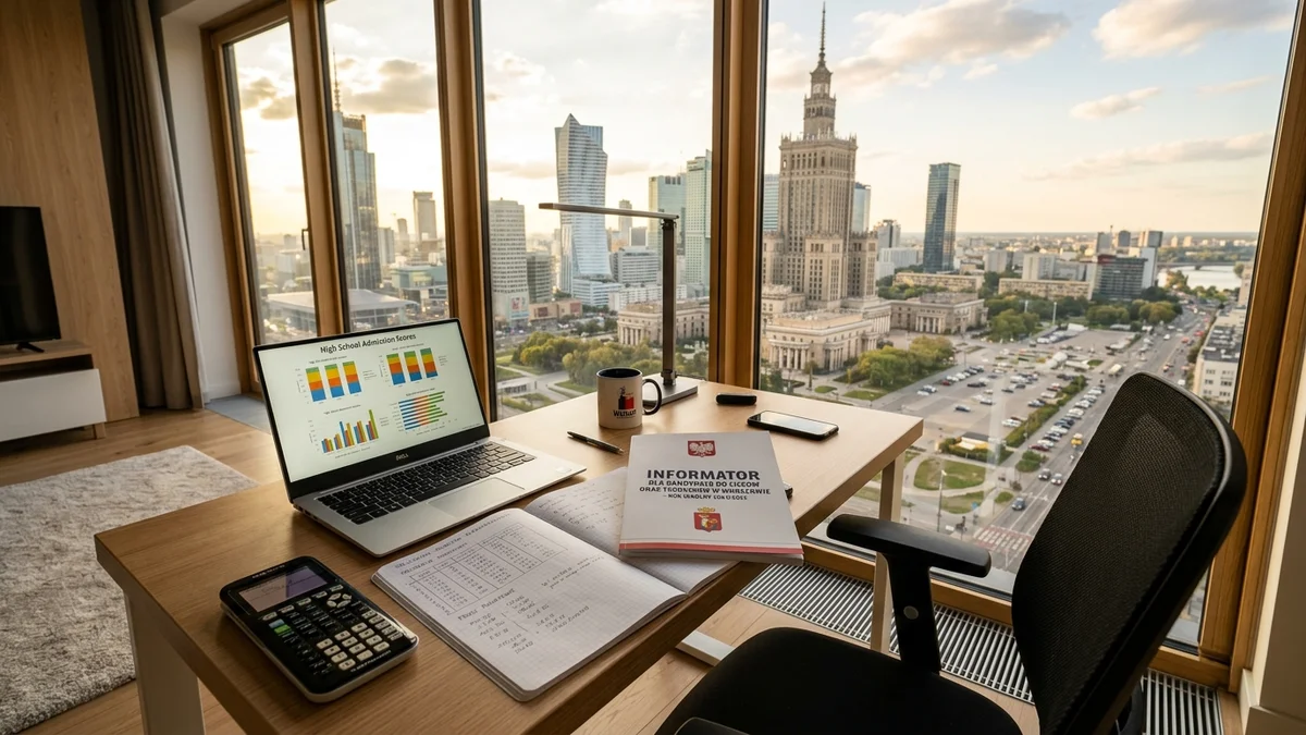 Biurko ucznia z widokiem na panoramę Warszawy z Pałacem Kultury, informator dla kandydatów do liceów i laptop z wykresem progów punktowych